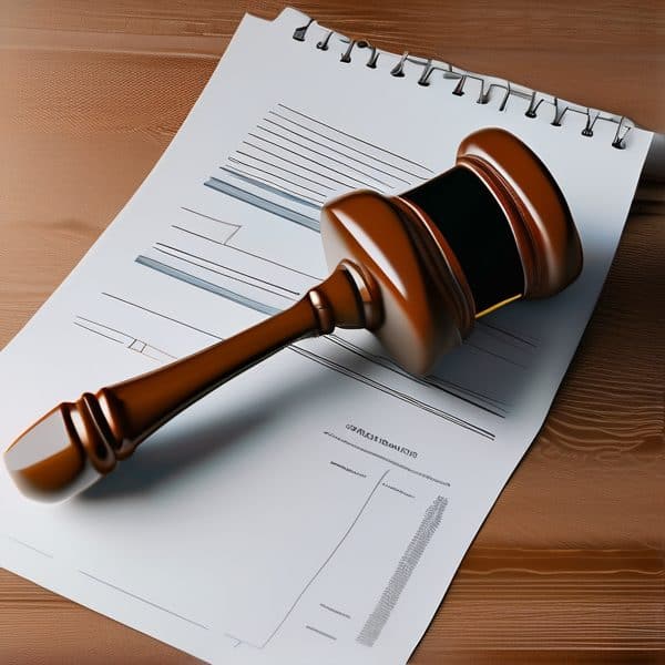 Gavel resting on legal documents, symbolizing justice and law proceedings.