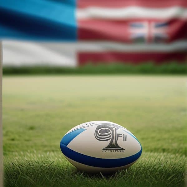 Rugby ball with Fiji flag colors on a grassy field.