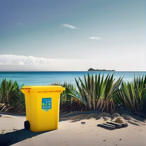 Yellow waste bin on beach with ocean and island scenery.
