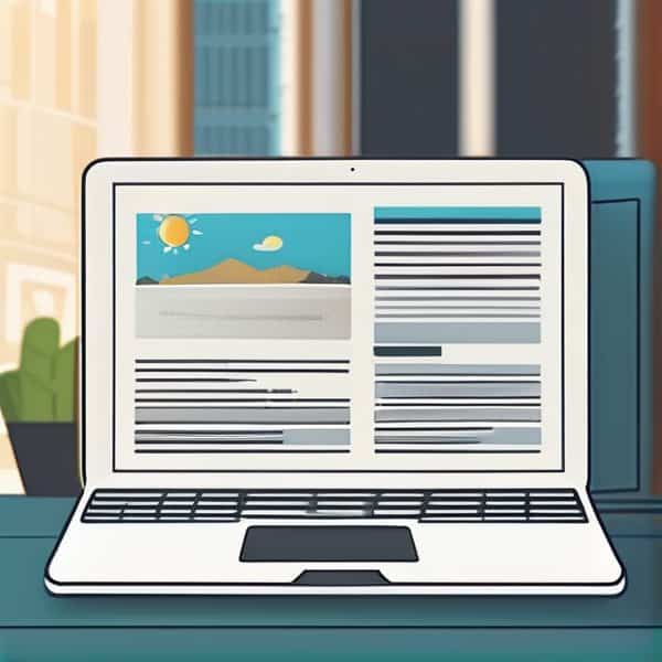 Laptop displaying news website with weather and articles in an office setting.