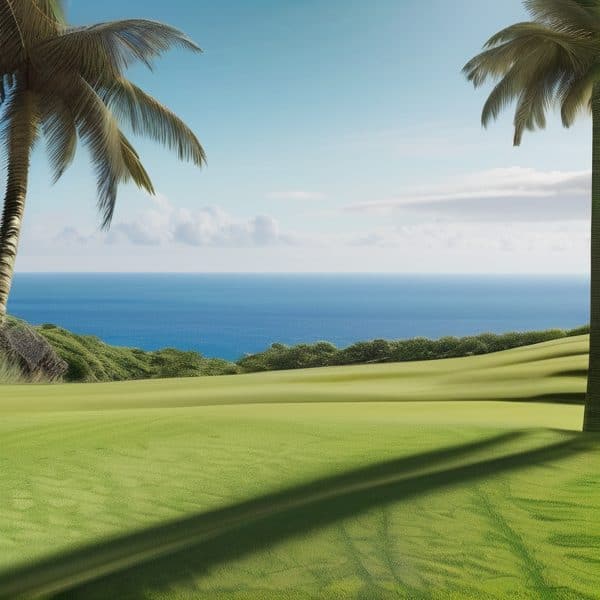 Golf course with ocean view and palm trees in Fiji.