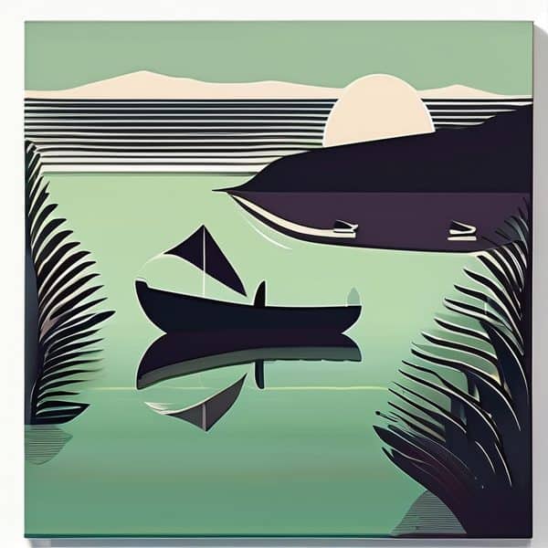 Serene Fiji landscape with boat on calm water at sunset, lush greenery, and distant mountains.