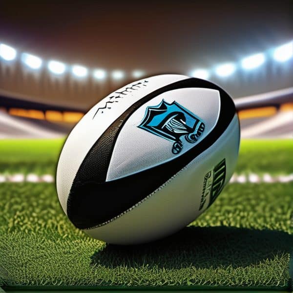 Rugby ball with Fiji Rugby logo on a stadium field.