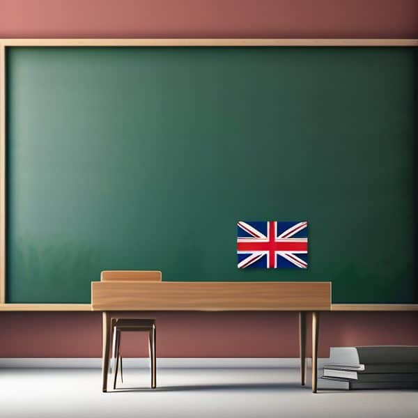 Classroom with green chalkboard and Union Jack flag for FijiGlobalNews.