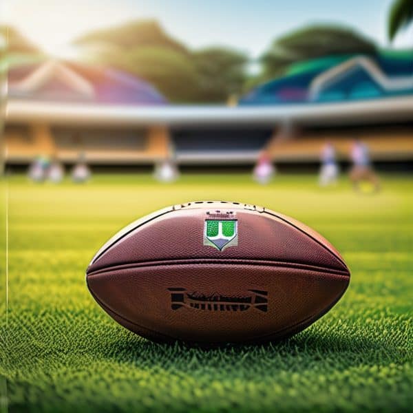 Rugby ball with Fiji Rugby logo on a green field during a match.