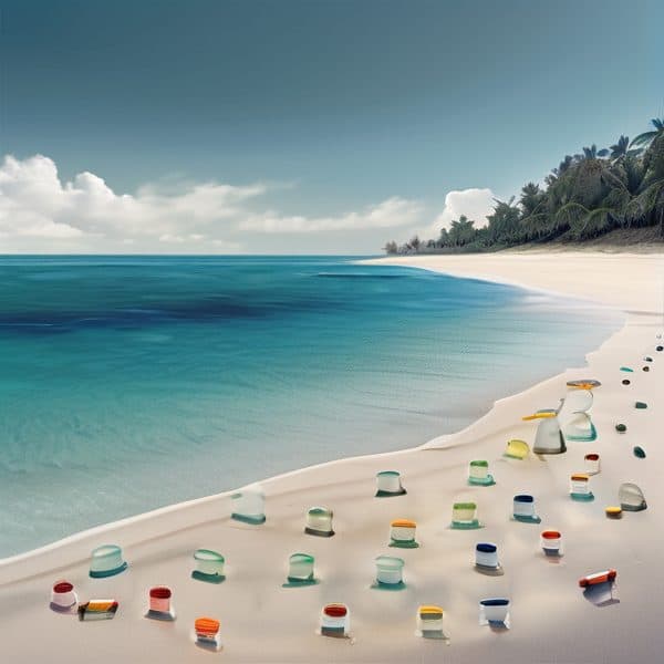 Scenic Fiji beach with colorful sand toys and clear blue water.