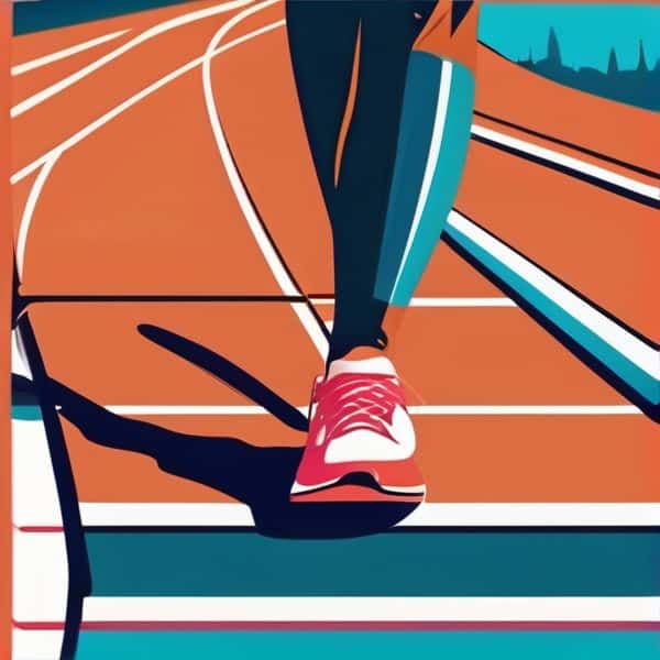 Athlete's foot crossing the finish line on a vibrant running track, showcasing determination and ath.