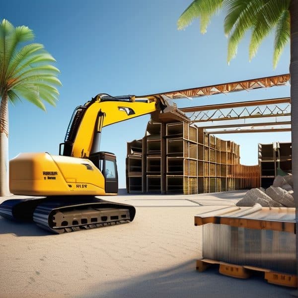 Excavator working on construction site near tropical beach with palm trees and clear blue sky.