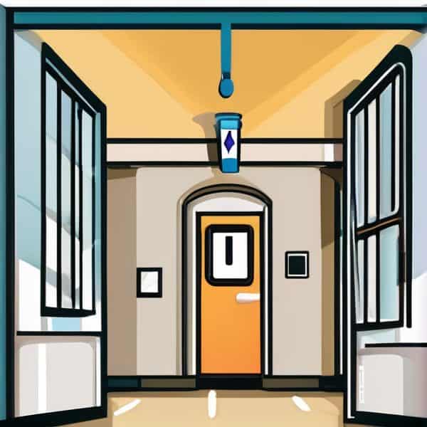 Bright school hallway with open doors and large windows, inviting learning environment.