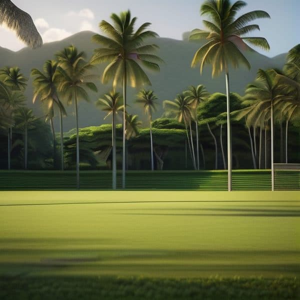 Palm trees lining a lush green field with mountains in the background.