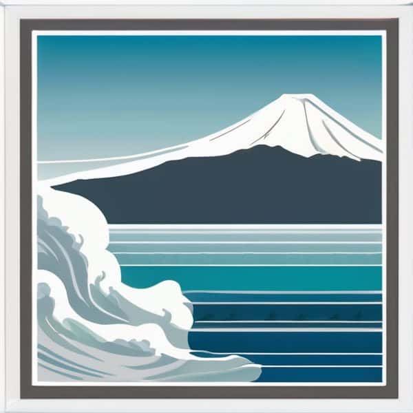 Mount Fuji and ocean waves in a stylized illustration.
