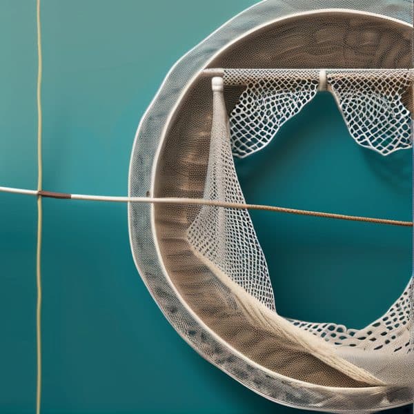 Fishing net inside a boat on turquoise water background.