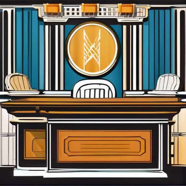 Courtroom with wooden desk, chairs, and emblem on the wall.