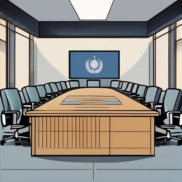 Conference room with a large table and chairs, featuring a Fiji government emblem on the screen.