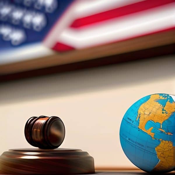 Gavel and globe on court desk symbolizing justice and global law.