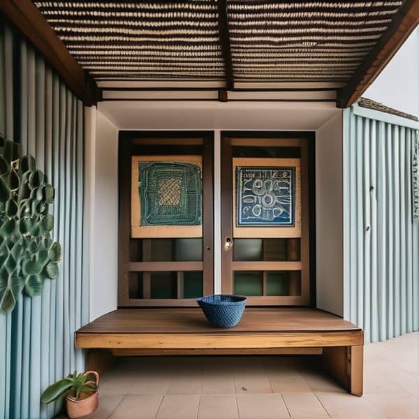 Stylish coastal entrance with artwork and wooden bench, modern design elements.