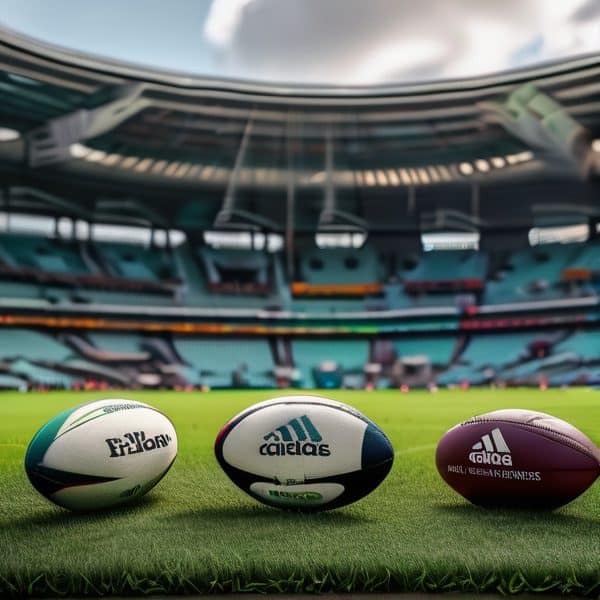 Fiji rugby stadium with three rugby balls on the field.