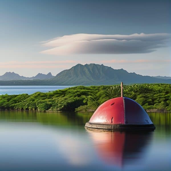 Fiji marine buoy floating on water with lush green mountains in background.