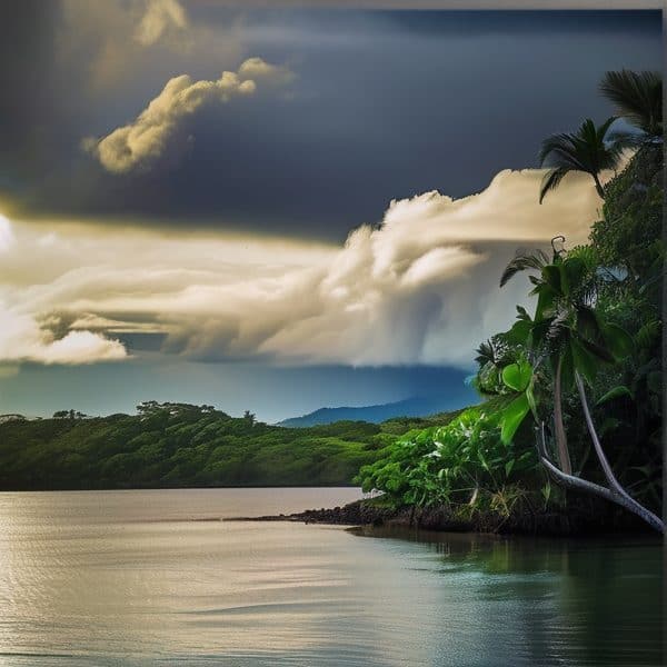 Tropical river scene with lush green trees and a dramatic cloudy sky in Fiji.
