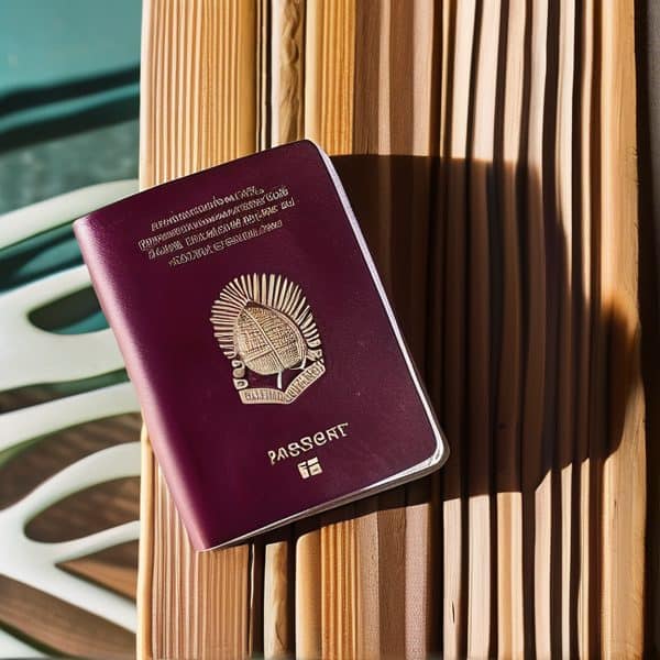 Fiji passport resting on wooden surface, sunlight casting shadows.