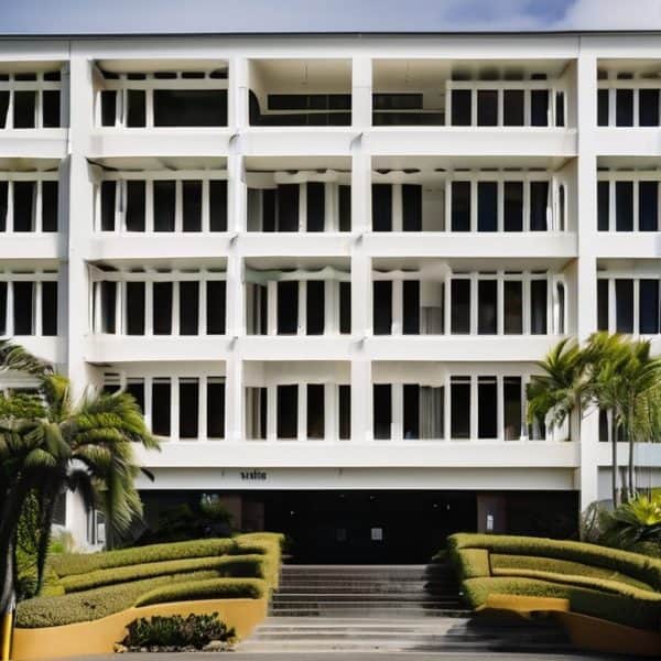 Modern hotel building with white balconies and lush landscaping.