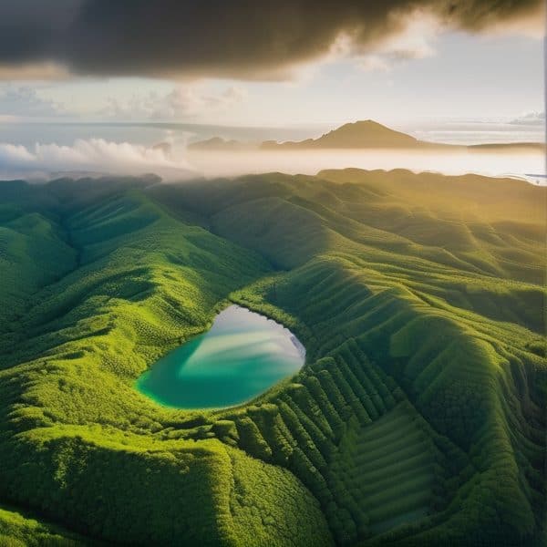 Beautiful lagoon surrounded by vibrant green hills in Fiji.