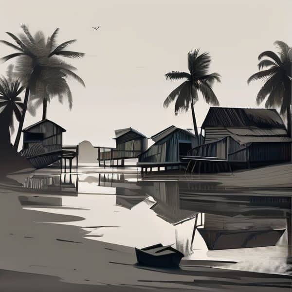 Fiji fishing village with stilt houses and palm trees on the coast.