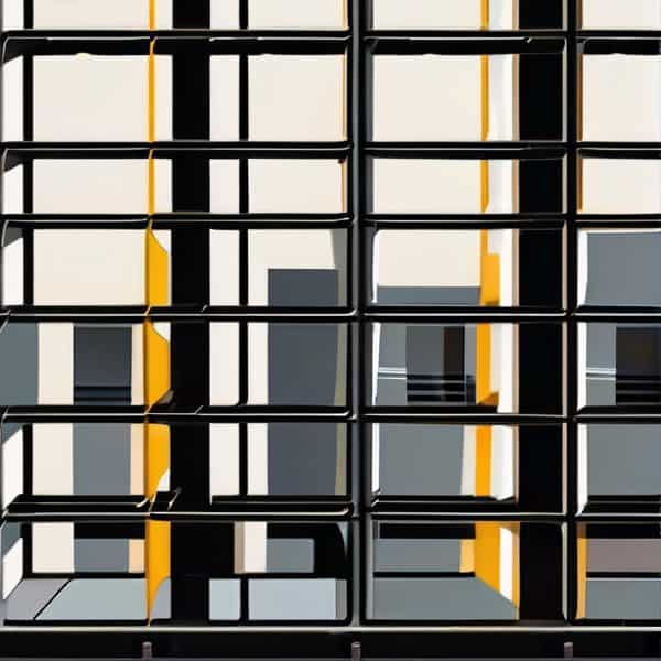 Facade of a contemporary building with geometric black, white, and yellow design elements.
