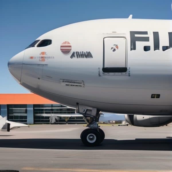 Aircraft nose and cockpit of Fiji Airways plane on tarmac.
