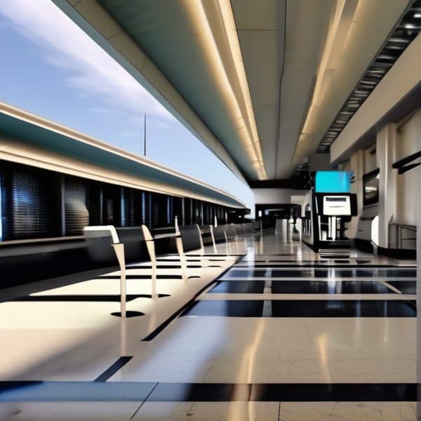 Modern airport terminal with sleek design and seating area.