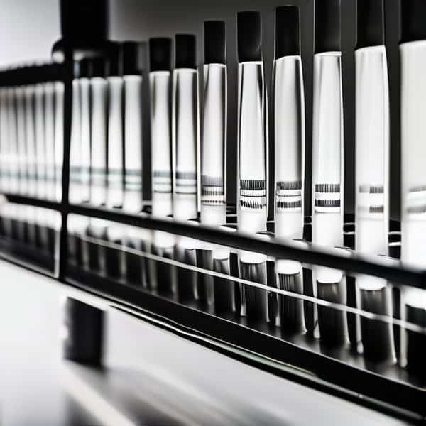 Close-up of black and white markers on a shelf.