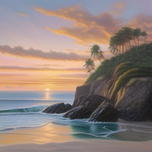 Sunset over a tropical beach with palm trees, rocky cliffs, and gentle waves at dusk.