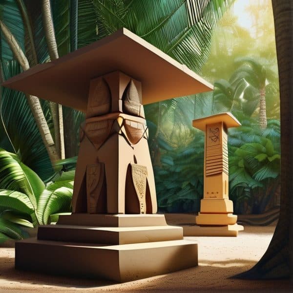 Moai statues in lush tropical jungle with sunlight filtering through trees.