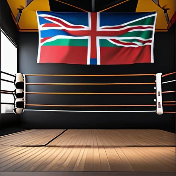 Boxing ring with Fiji and UK flags in a sports arena.