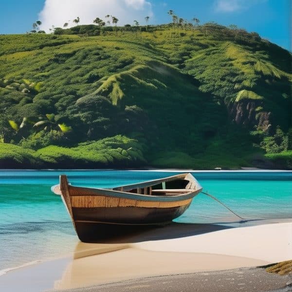 A wooden boat resting on a pristine sandy beach with turquoise waters and lush green hills in the ba.