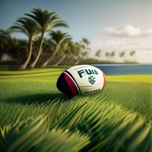 Fiji rugby ball resting on a lush green field with palm trees in the background.
