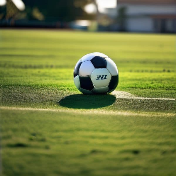 Soccer ball resting on a lush green field during daytime.