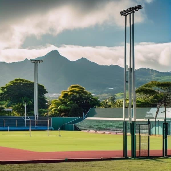 Fiji sports stadium featuring a running track, goalposts, and floodlights with lush mountains in the.