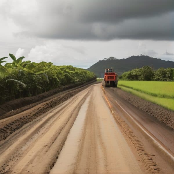 Construction vehicle on rural dirt road in Fiji with lush greenery and cloudy sky.