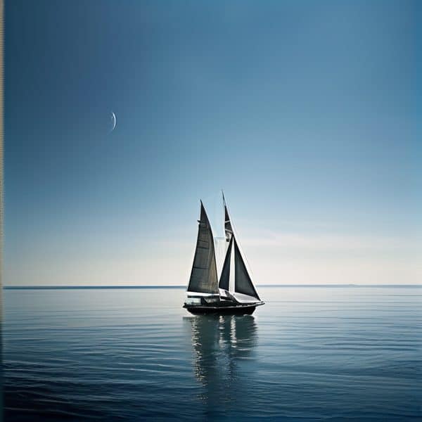 Sailing yacht with sails up on tranquil ocean waters during evening twilight.