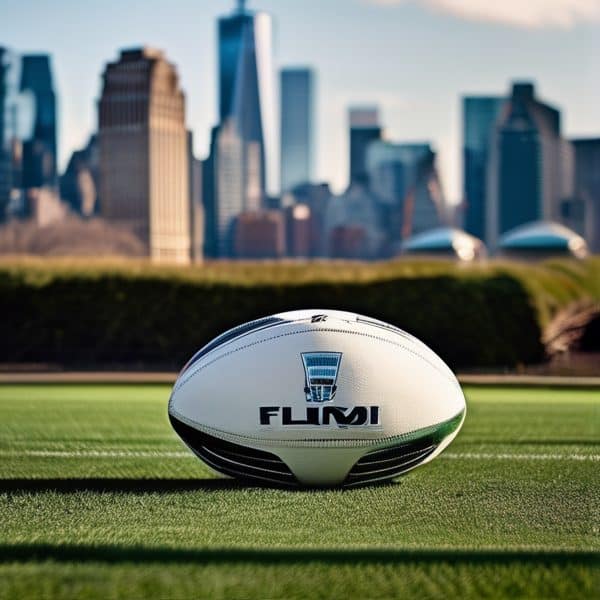 Rugby ball on field with NYC skyline in background.