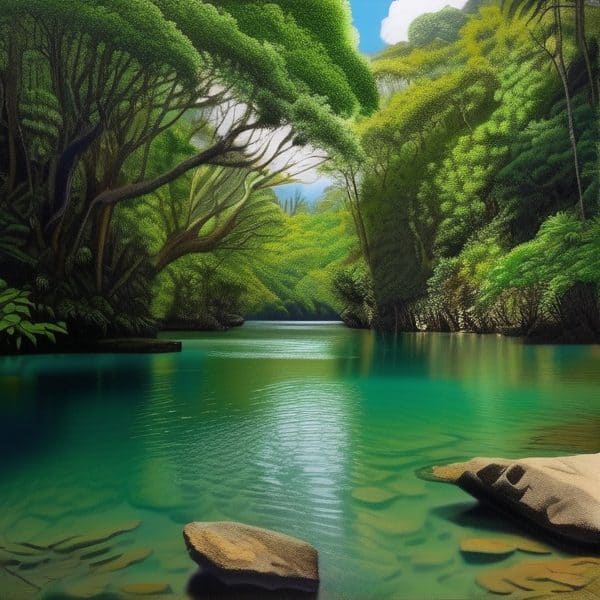Tropical river with clear, calm waters flowing through dense green jungle.