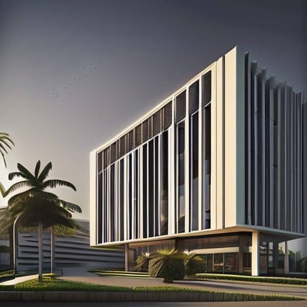 Modern architectural building with vertical slats in Fiji.