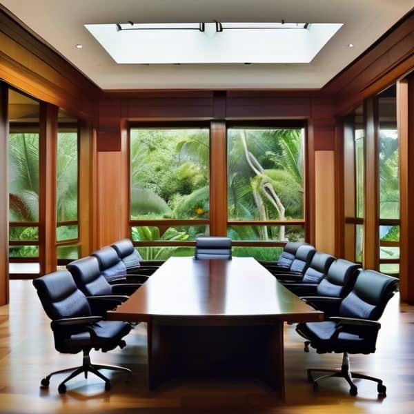 Spacious conference room with wooden accents and large windows overlooking tropical foliage.