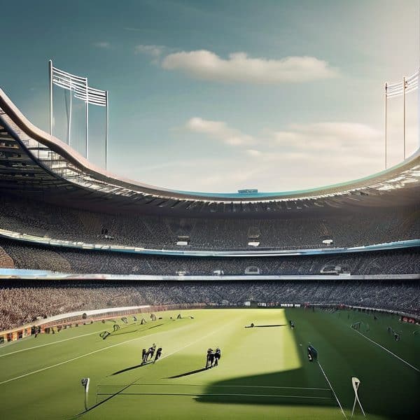 Stadium with modern architecture and green field.