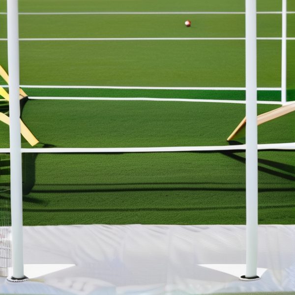 Soccer goal on vibrant green field with a ball in the background, perfect for sports news and update.
