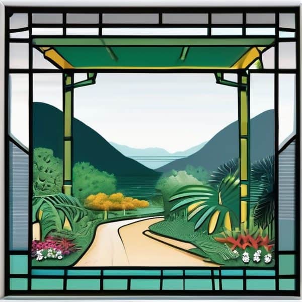 Tropical garden scene viewed through stained glass window with lush greenery and mountain backdrop.
