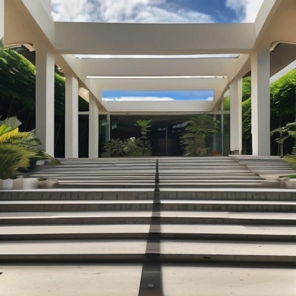 Elegant building entrance with white structural elements and surrounding tropical plants.