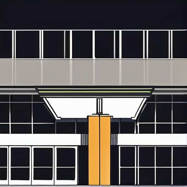 Modern building entrance with glass facade and orange accent column.