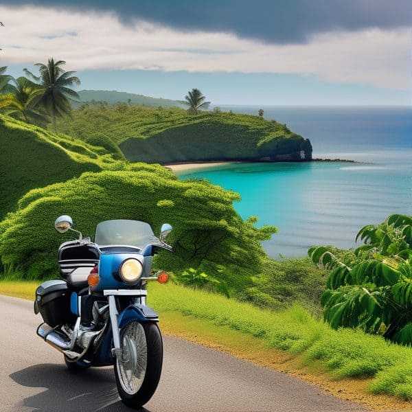 Motorcycle riding along a scenic tropical coastal road with lush green hills and ocean views.